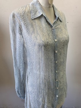 Womens, Blouse, ELIE TAHARI, Slate Blue, Off White, Silk, Reptile/Snakeskin, M, Snakeskin Pattern Sheer Chiffon, Long Sleeves, Button Front, Collar Attached