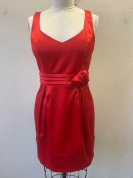 B.SMART, Red, Poly/Cotton, Spandex, Solid, Sweetheart Neckline, Princess Seam, Pleated Waistline, 2 Box Pleats Front and Back, Ruffle Fabric Rose at Left Waist, Heart Open Back, 3 Button Tabs at Center Back, Center Back Zipper