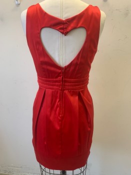 B.SMART, Red, Poly/Cotton, Spandex, Solid, Sweetheart Neckline, Princess Seam, Pleated Waistline, 2 Box Pleats Front and Back, Ruffle Fabric Rose at Left Waist, Heart Open Back, 3 Button Tabs at Center Back, Center Back Zipper