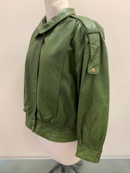 Womens, Leather Jacket, ULTRA CLUB, Olive Green, Leather, Polyester, Solid, L, L/S, Zip Front, Collar Attached, Shoulder Strap,