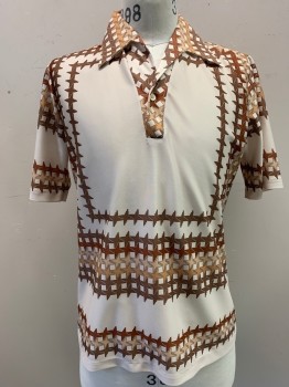 Mens, Polo Shirt, SILVERWOOD, Cream, Brown, Lt Brown, Beige, Khaki Brown, Polyester, Houndstooth, M, Collar Attached, Half Button Front, Short Sleeves