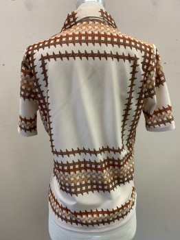 Mens, Polo Shirt, SILVERWOOD, Cream, Brown, Lt Brown, Beige, Khaki Brown, Polyester, Houndstooth, M, Collar Attached, Half Button Front, Short Sleeves
