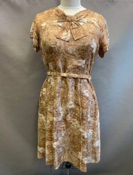 Womens, 1960s Vintage, Dress, N/L, Lt Brown, Beige, Brown, Silk, W:34, B:40, Abstract Landscape Pattern, Cap Sleeves with Horizontal Open Slashes, Peek-a-boo Cut Out at Neckline with Self Bow, Above Knee Length, A-Line, **With Matching BELT,