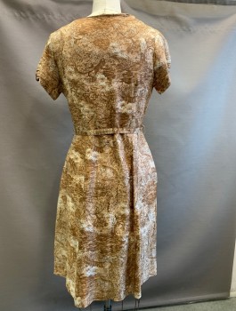 N/L, Lt Brown, Beige, Brown, Silk, Abstract Landscape Pattern, Cap Sleeves with Horizontal Open Slashes, Peek-a-boo Cut Out at Neckline with Self Bow, Above Knee Length, A-Line, **With Matching BELT,