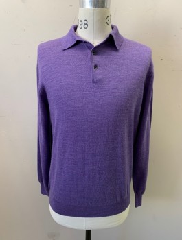 Mens, Pullover Sweater, ALAN FLUSSER, Purple, Wool, Solid, Heathered, M, Knit, C.A., 3 Btn Placket, L/S