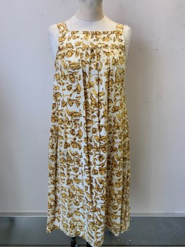 Womens, Dress, Naginlal & Co., Yellow, Brown, Beige, Cotton, Abstract , B30, Sleeveless, Pleated, Loose Fit,