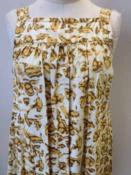 Womens, Dress, Naginlal & Co., Yellow, Brown, Beige, Cotton, Abstract , B30, Sleeveless, Pleated, Loose Fit,