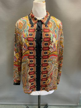 Womens, Blouse, COREY B, Red, Beige, Forest Green, Goldenrod Yellow, Black, Silk, Paisley/Swirls, Abstract , PETITE, L, Satin, C.A., B.F., L/S, Shoulder Pads, Black Border On Collar/CF Placket/Cuffs, Matching Black Covered Btns