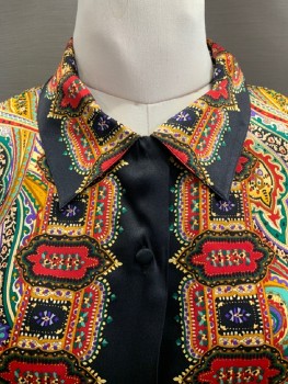 Womens, Blouse, COREY B, Red, Beige, Forest Green, Goldenrod Yellow, Black, Silk, Paisley/Swirls, Abstract , PETITE, L, Satin, C.A., B.F., L/S, Shoulder Pads, Black Border On Collar/CF Placket/Cuffs, Matching Black Covered Btns