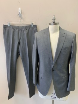Mens, Suit, Jacket, HUGO BOSS, Gray, Wool, Acetate, Birds Eye Weave, 40R, Peaked Lapel, Hand Picked Stitch, Breast Pocket, 1 Button, 2 Pockets with Flaps, 2 Vents at Back