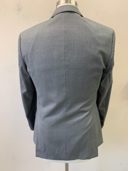 Mens, Suit, Jacket, HUGO BOSS, Gray, Wool, Acetate, Birds Eye Weave, 40R, Peaked Lapel, Hand Picked Stitch, Breast Pocket, 1 Button, 2 Pockets with Flaps, 2 Vents at Back