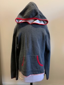 Childrens, Sweater, Q&A, Gray, Red, Cotton, Polyester, Solid, M, Red Trim, Hood Attached, 1 Large Pckt,