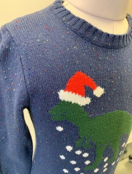 Childrens, Sweater, TUCKER & TATE, French Blue, Dk Olive Grn, Multi-color, Cotton, Acrylic, Animals, Holiday, 5, L/S, CN, TRex In A Santa Hat With Snow Design, Multicolorred Speckles, Rib Knit Trim