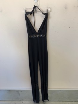 Womens, Jumpsuit, SENITMENTAL NY, Black, Polyester, Solid, Reptile/Snakeskin, W26, Deep V-N, Halter, Faux Reptile Skin Rectangle and Circle Cutouts at Waistband and Legs