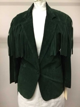 Womens, Leather Jacket, Renaissance, Forest Green, Suede, Solid, M, C.A., Notched Lapels, 1 Btn SB, 2 Welt Pckts, L/S, Suede Fringe On Front/Back/Top Of Arm Holes/Sleeve Seams