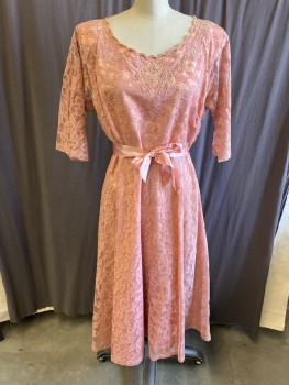 Womens, Cocktail Dress, N/L, Peach Orange, Synthetic, Solid, W:32, B36, Scoop Neck,  Lace, 3/4 Sleeve, CF  Sequins, & Pearls, Side Zipper , Ribbon Belt