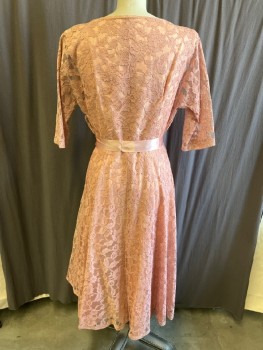 Womens, Cocktail Dress, N/L, Peach Orange, Synthetic, Solid, W:32, B36, Scoop Neck,  Lace, 3/4 Sleeve, CF  Sequins, & Pearls, Side Zipper , Ribbon Belt