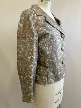 Womens, 1960s Vintage, Piece 1, N.Y. VINTAGE, W: 26, B: 36, H: 36, Jacket, Brown/ Multi-color, Paisley, C.A., Notched Lapel, L/S, B.F., Side Vents With Matching Belt