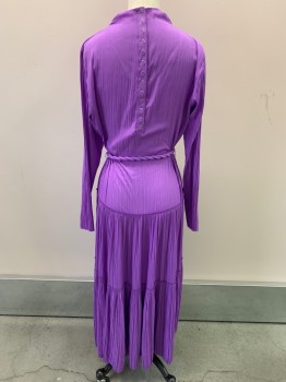 Womens, Dress, Long & 3/4 Sleeve, A.L.C., Purple, Polyester, 0, With Twist Belt, , Plisse Pleats, High Neck, L/S, Ruffle Skirt, Hem Below Knee,1/4 Snap Back