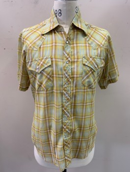 Mens, Western Shirt, SEARS WESTERN WEAR, Yellow, Ecru, White, Baby Blue, Poly/Cotton, Plaid, M, S/S, Snap Front, 2 Chest Pockets, Pearl Snaps