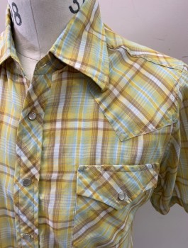 Mens, Western Shirt, SEARS WESTERN WEAR, Yellow, Ecru, White, Baby Blue, Poly/Cotton, Plaid, M, S/S, Snap Front, 2 Chest Pockets, Pearl Snaps