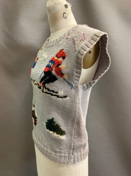 Womens, Vest, SHADOW NY, Gray, Red, Blue, Black, Multi-color, Acrylic, Holiday, B 32, M, Crew Neck, Ski Theme, Cable Knit, Buttons On Left Shoulder
