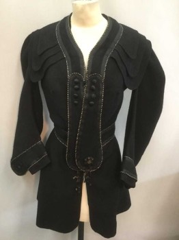 Womens, Jacket 1890s-1910s, N/L, Black, Cream, Wool, Solid, W:30, B:34, Fuzzy Gabardine, Black and Cream Braided Trim Throughout, Hidden Hook & Eye Closures, 3 Tier/Layer Rounded Collar, Hanging Rounded Tabs At Center Front with Tassel Appliqués At Ends, Sleeves Are Curved In Shape, Pleated Vent Detail At Center Back Hem, Made To Order,