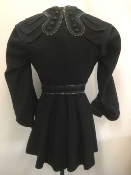 Womens, Jacket 1890s-1910s, N/L, Black, Cream, Wool, Solid, W:30, B:34, Fuzzy Gabardine, Black and Cream Braided Trim Throughout, Hidden Hook & Eye Closures, 3 Tier/Layer Rounded Collar, Hanging Rounded Tabs At Center Front with Tassel Appliqués At Ends, Sleeves Are Curved In Shape, Pleated Vent Detail At Center Back Hem, Made To Order,
