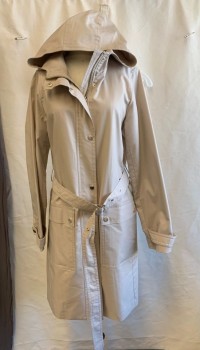 SIMONS, Beige, Cotton, Polyester, Solid, Single Breasted, Hooded, Zip/snap Front, 2 Snap Flap Pckt, Detached Back Yoke, Belt Loops, BELT with Buckle, Snap Tabs At Cuffs, Multiples,