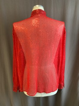N/L, Red, Polyester, Polka Dots, C.A., Button Front, L/S, Sheer