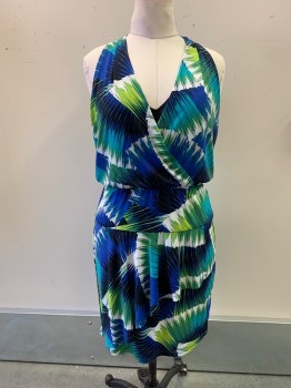 Womens, Dress, Sleeveless, MAGGY LONDON, Green, Blue, White, Polyester, Spandex, Abstract , 8, V-N, Elastic Waistband, Black V-N Dickie Attached