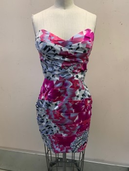 LIPSY, Purple, Gray, Multi-color, Polyester, Elastane, Abstract , Strapless, Sweetheart Neck, Side Zipper, Pleated, Hot Pink, Black, And Lavender Details