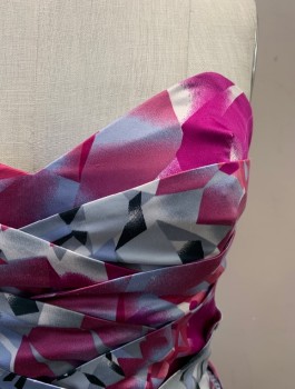 LIPSY, Purple, Gray, Multi-color, Polyester, Elastane, Abstract , Strapless, Sweetheart Neck, Side Zipper, Pleated, Hot Pink, Black, And Lavender Details