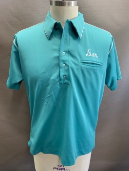 Mens, Polo Shirt, KING LOUIE, Sea Foam Green, White, Polyester, Solid, Text, L, S/S, 5 Buttons, Chest Pocket, Monogrammed, Farming Logo