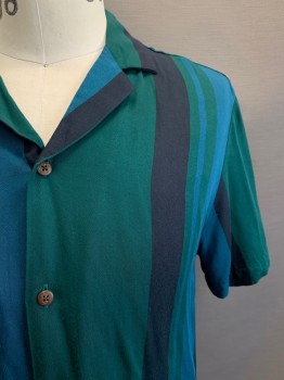 SCOTCH & SODA, Blue, Green, Black, Viscose, Stripes - Vertical , L/S, Button Front, Collar Attached,