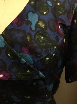 KAREN KARS, Royal Blue, Purple, Blue, Olive Green, Black, Silk, Floral, Abstract , Short Sleeve,  Double Breasted W/Self Fabric Buttons, Wide Collar, Straight Fit Skirt W/Dbl Pleats At Each Hip, Side Zipper, Belt Loops (But No Belt), Hem Below Knee, Early 1960's, NO BELT