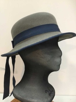 Womens, Hat, N/L, Gray, Navy Blue, Wool, Solid, XS, School Girl Look, 1" Wide Grosgrain Band/Bow and Edge Trim, Shallow Crown