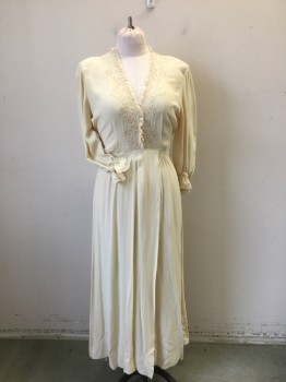Womens, Robe, N/L, Cream, Rayon, Solid, W26, B36, Fine Knit Boudoir Robe. V. Neck with Pale Peach & Cream Lace Trim. Hook & Eye Closure at Front with Smocking Detail at Front Waist. Long Sleeves with Elasticated Rushed Cuffs with Fine Mesh Knit Trim