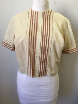 TROPICANA, Tan Brown, Rust Orange, Polyester, Cotton, Solid, Stripes, Crew Neck, Button Back, Short Sleeves, Cropped, Rows of Lace Trimmed Pin tucks and Fagotting Center Front and on Sleeves