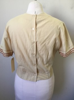 TROPICANA, Tan Brown, Rust Orange, Polyester, Cotton, Solid, Stripes, Crew Neck, Button Back, Short Sleeves, Cropped, Rows of Lace Trimmed Pin tucks and Fagotting Center Front and on Sleeves