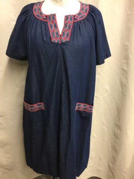Womens, Dress, Short Sleeve, GO SOFTLY, Denim Blue, Coral Pink, Lt Blue, Cotton, Solid, Geometric, XL, Deep Blue Denim/Denim Like Material, Short Sleeve, Coral and Light Blue Geometric Pattern Embroidered 1.5" Wide Trim At Neck, and Edges Of 2 Hip Pockets, Round Neck with Notched V Panel At Center with Invisible Zipper, Raglan Sleeve, Muu Muu Inspired Shape, Hem Mid-calf
