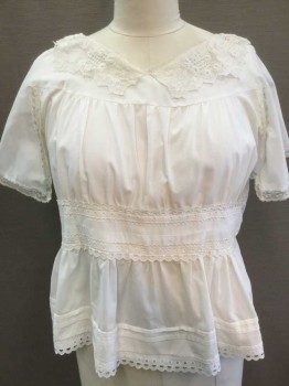 N/L, White, Lt Blue, Cotton, Lace, Solid, S/S, Buttons In Back, White Lace Collar, Cream Lace & Light Blue Satin Trim At Cuffs & Armscye, White Eyelet Lace Trim At Waistband and Hem,