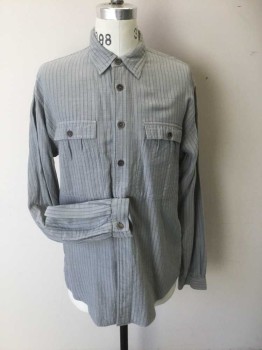 ANTO NH MTO, Gray, Lt Gray, Cotton, Stripes, Long Sleeves, Collar Attached, Hidden Button Placet, 2 Patch Pockets with Button Down Flaps. Novelty Gathered Pockets