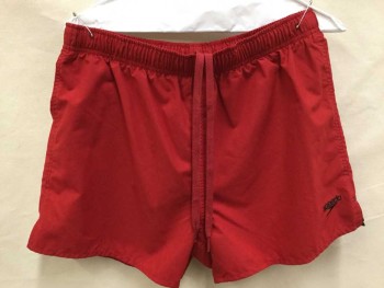 SPEEDO, Red, Polyester, Solid, Swim Shorts, Red, 1-1/2" Elastic &  Red D-string Waistband,