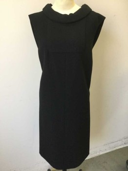 KARSHAN, Black, Wool, Solid, Sleeveless Shift Dress, Round Folded Over Collar/Neckline, T-Shaped Seam From Hem to Chest, 5 Black Plastic Buttons in Back with Black Jewels, Zipper From Waist to Hem, Hem Below Knee,