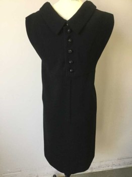 KARSHAN, Black, Wool, Solid, Sleeveless Shift Dress, Round Folded Over Collar/Neckline, T-Shaped Seam From Hem to Chest, 5 Black Plastic Buttons in Back with Black Jewels, Zipper From Waist to Hem, Hem Below Knee,