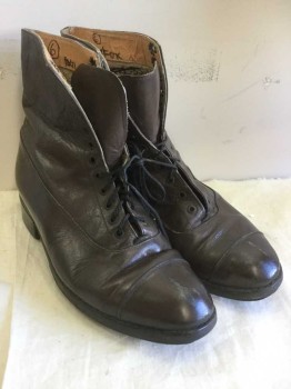 Womens, Boots 1890s-1910s, N/L, Brown, Leather, Solid, 6, Ankle Boots, Cap Toe, Lace Up, 1" Heel  **Scuffed At Toe and Anklle