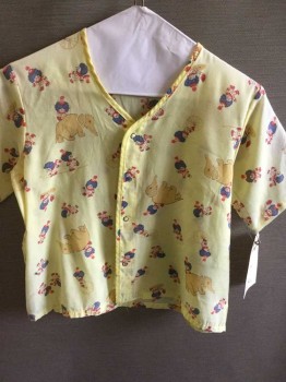 Unisex, Pediatric Pj Top, Angelica, Yellow, Tan Brown, Blue, Red, Polyester, Graphic, L, Clowns & Elephants Graphic, Snap Front, Short Sleeve,  See Photo Attached,