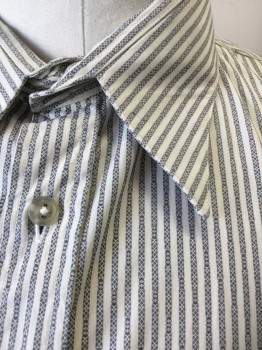 Mens, Dress Shirt, DOMETAKIS, White, Dk Gray, Cotton, Stripes - Vertical , Slv:34, N:17, 1/8" Wide Vertical Stripes with Tiny Diamond Pattern, Long Sleeve Button Front, Collar Attached, No Pocket, Short French Cuffs, Made To Order,