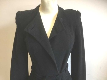N/L, Black, Wool, Solid, Wrap Dress, Wool Crepe, Long Sleeves, Wrap Closure with 1 Self Fabric Covered Button at Side Neck, and One at Side Waist, Padded Shoulders, Self Ties/Belt Attached at Sides, Hem Below Knee, Vintage